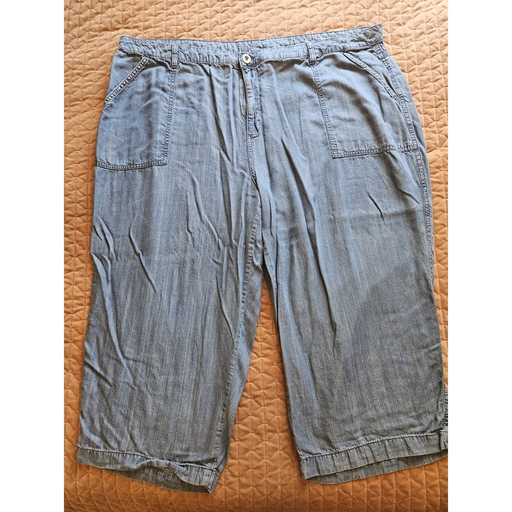 Style & Co. Blue Chambray Wide-Leg Studs on Pockets Cropped Capri Pants 24W